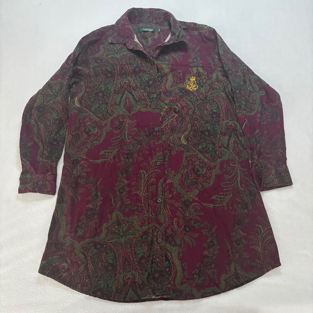 Lauren Ralph Lauren Burgundy Paisley Crest Logo Cotton Button Down Shirt L